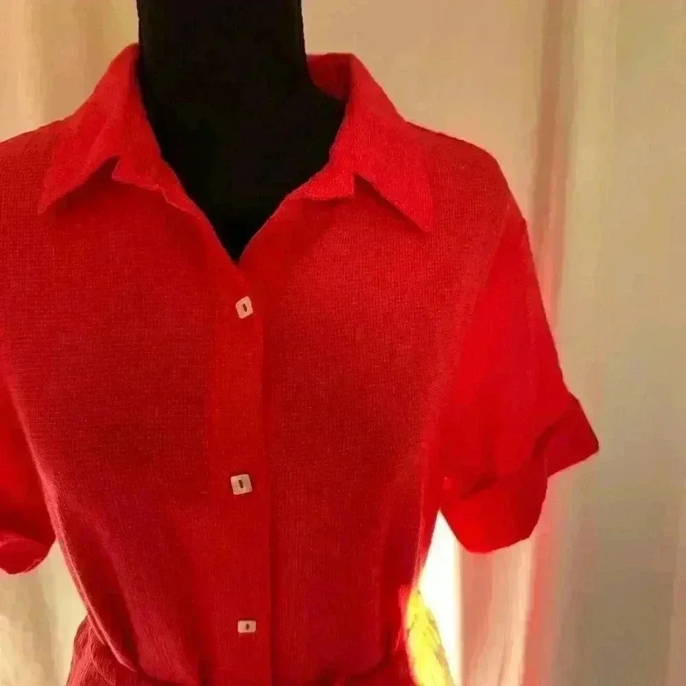 Coldwater creek women's red crepe shirt and skirt set small lightly checkered - Picture 5 of 8